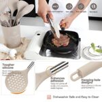 NCUE Cooking Utensils Set, 28 Pcs Silicone Kitchen Utensils Set with Holder, Silicone Whisk, Spatulas, Scissors, Measuring Cups and Spoons Set with Stainless Steel Handle Kitchen Gadgets (Khaki)