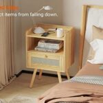 SUPERJARE Nightstands Set of 2, Night Stands with Charging Station & PE Rattan Decor Drawer, Bed Side Tables with Solid Wood Feet, End Table, for Bedroom, Living Room – Natural