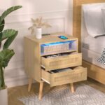 Halitaa Rattan Nightstands Set of 2 with Charging Station and Led Lights, Nightstand with 2 Drawers and Wood Legs, Bedside Tables Night Stands for Bedrooms, Side End Tables Living Room (2 Pack)