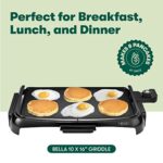 BELLA Electric Griddle with Crumb Tray – Smokeless Indoor Grill, Nonstick Surface, Adjustable Temperature Control Dial & Cool-touch Handles, 10″ x 16″, Black