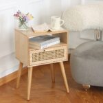 MaxSmeo Modern Nightstand Rattan Side Table with Storage, Farmhouse End Table for Living Room, Bedroom and Small Spaces, Accent Bedside Tables with Solid Wood Legs, Easy Assembly (Natural Walnut)