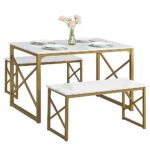 VECELO Kitchen Table with 2 Benches for 4, Wood Dining Room Dinette Sets with Metal Frame for Breakfast Nook and Small Space, 43.3″, White&Gold