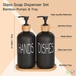 Glass Soap Dispenser Set. Hand and Dish with Bamboo Tray. Vintage Pump for Kitchen Sink Bathroom. Stylish Permanent Labels (Matte Black)