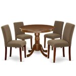 East West Furniture ANAB5-MAH-18 Antique 5 Piece Dining Set for 4 Includes a Round Kitchen Table with Pedestal and 4 Coffee Linen Fabric Upholstered Chairs, 36×36 Inch, Mahogany