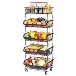 Wisdom Star 5 Tier Fruit Vegetable Basket, Wire Storage Basket Organizer Utility Cart with Wheels, Vegetable Basket Bins for Onions and Potatoes, Fruit Vegetable Storage Cart for Kitchen, Black