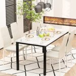 AWQM 5 Pieces Dining Table Set, Dining Table Set for 4 for Dining Room, Breakfast Nook, Compact Space, Kitchen Table Set with Faux Marble Pattern Table and 4 PU Leather Upholstered Chairs,White+Beige
