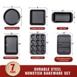 KITESSENSU Baking Pans Sets, Nonstick Bakeware Set 7-Piece with Round/Square Cake Pan, Loaf Pan, Muffin Pan, Cookie Sheet, Roast Pan, Cooling Rack, Carbon Steel Bake Set