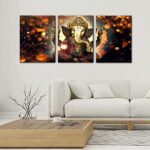 3 Pieces Ganesha Canvas Wall Art for Home Decor Paintings Hindu God Pictures Modern Artwork Giclee Posters and Prints Wooden Framed Gallery-wrapped Stretched Ready to Hang – 12″ x 16″ x 3