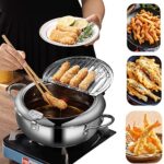 Deep Fryer Pot – Japanese Tempura Small Deep Fryer Stainless Steel Frying Pot With Thermometer,Lid And Oil Drip Drainer Rack for French Fries Shrimp Chicken Wings and Shrimp (24cm/9.4inch)