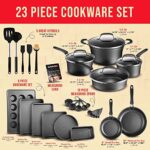 Cookware Set – 23 Piece –Black Multi-Sized Cooking Pots with Lids, Skillet Fry Pans and Bakeware – Reinforced Pressed Aluminum Metal – Suitable for Gas, Electric, Ceramic and Induction by BAKKEN Swiss