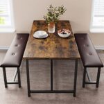 IDEALHOUSE 3 Piece Dining Table Set, Kitchen Table and Benches for 4, Rectangular Dining Room Table Set with 2 Upholstered Benches, Dining Table Set for Small Space, Apartment, Studio, Retro Brown