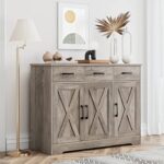 HOSTACK Modern Farmhouse Buffet Sideboard Cabinet, Barn Doors Storage Cabinet with Drawers and Shelves, Wood Coffee Bar Cabinet with Storage for Dining Room, Kitchen, Living Room, Bedroom, Ash Grey