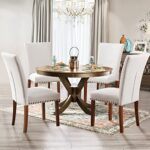 Upholstered Fabric Dining Chairs Set of 6, Parsons Dining Room Kitchen Side Chair with Nailhead Trim and Wood Legs – Beige