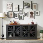 SinCiDo Farmhouse Buffet Cabinet with Storage, 70″ Wood Sideboard Storage Cabinet w/4 Glass Barn Doors & Adjustable Shelf, Bar Cabinet for Kitchen, Dining Room, Hallway, Dark Grey