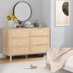 FUQARHY 6 Drawer Dresser Rattan Dresser Modern Chest with Drawers,Wood Storage Closet Dressers Chest of Drawers for Bedroom,Living Room,Hallway (Natural)