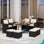 Yaheetech 9-Piece Patio Dining Sets Outdoor Space Saving Rattan Chairs with Glass Table, Wicker Patio Furniture Sets Outdoor Sectional Conversation Set with Removeable Cushions, Black