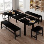 Feonase 5-Piece Dining Table Set for 6-10 People, 63″ Large Extendable Kitchen Table Set with 2 Benches and 2 Square Stools, Dining Room Table with MDF Wood Board, Easy Assembly, Black