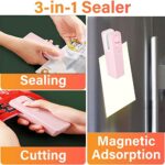 Mini Bag Sealer, Portable Vacuum Sealers 3 In 1 Mini Bag Sealer with Sealing & Cutting & Magnetic for Chip Bags, Plastic Bags Kitchen Gadget(Pink)