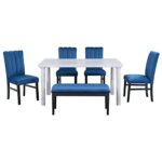 KASUE 6-Piece Dining Room Set with Rectangular Marble Veneer Table, 4 Upholstered Chairs, and Bench, Stylish Kitchen Furniture, Blue/White