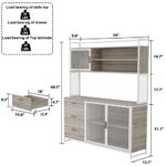 AGOTENI Large Kitchen Hutch Cabinet, Storage Cupboard Pantry with 3 Metal Doors, 3 Drawers & Microwave Shelf, for Kitchen Open Storage, Oak (59″ W x 15.7″ D x 68.5″ H)