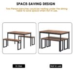 DlandHome Dining Table Set for 4, Kitchen Table Set with 2 Benches, 3 Piece Dining Room Table and Benches, Kitchen Coffee Table Set for Flats, Industrial Style Wooden Kitchen and Dining Room Set