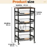 5-Tier Rolling Storage Cart with Wheels, Large Capacity Kitchen Cart, Mobile Utility Cart with Wooden Tabletop and Mesh Baskets, Bathroom, Laundry Room