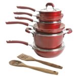 Kenmore Arlington Healthy Nonstick Ceramic Coated Forged Aluminum Induction Cookware, 12-Piece, Metallic Red