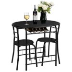 VINGLI 3 Piece Dining Set,Small Kitchen Table Set for 2,Breakfast Table Set,Kitchen Wooden Table and 2 Chairs for Small Space/Dining Room/Apartment,Metal Frame,Wine Rack,Black