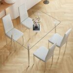 Small Glass Dining Table Set for 4,Modern Rectangular Kitchen Glass Table Set,51”Glass Dining Table Set Includes 1 Clear Glass Dining Table and 4 Grey Faux Leather Dining Chairs Ideal for Apartment