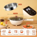 4L Hot Pot Electric w. Steamer 1000W Non-Stick Frying Pan w. Stainless Steel Basket Multi-Power & Timer Control Handle Smart Skillet w. Tempered Glass Lid for Rice Soup Pasta Egg Frying