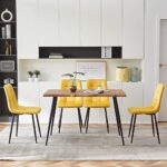 NORDICANA 5-Piece Dining Table Set, 47 in Modern Irregular Rectangle Kitchen Table & 4 Yellow Velvet Upholstery Side Chairs, Metal Legs, Dining Room Set for 4