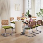 KROFEM Modern Cesca Cane Dining Chairs, Set of 2, Handwoven Rattan Cane Back, Chrome Base, Upholstered Velvet Seat, Ideal for Kitchen or Dining Room, Green