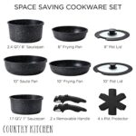Country Kitchen 13 Piece Pots and Pans Set – Safe Nonstick Kitchen Cookware with Removable Handle, RV Cookware Set, Oven Safe (Black)