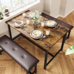 Fancihabor Dining Table Set for 4, Kitchen Table with Benches, Rectangular Dining Room Table Set with Upholstered Benches, 3 Piece Kitchen Table Set for Small Space, Apartment, Rustic Brown