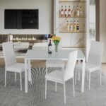 FDW Dining Table Set Glass Dining Room Table Set for Small Spaces Kitchen Table and Chairs for 4 Table with Chairs Home Furniture Rectangular Modern (White Glass)