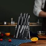 Bfonder Kitchen Knife Set with Block, 11PCS Chef Knife Set with Sharpener, Japanese Stainless Steel Knife Block Set for Kitchen with Acrylic Stand, Black