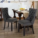 MAISON ARTS Faux Leather Dining Chairs Set of 2, Upholstered Tufted Dining Room Chairs with Ring Pull Trim & Button Back Modern Diner Chairs with Solid Wood Legs for Kitchen Dining Room (Black, 2pcs)