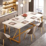 Tribesigns 70.9 Inch Dining Table for 6 to 8, Modern Kitchen Table Dining Room Table, Rectangle White Dinner Table with Gold Metal Base for Kitchen, Living Room
