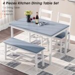Dining Table Set for 4, 4 Piece Kitchen Table with Chairs and Bench, Wood Rectangular Dining Table Set with 2 PU Leather Chair and Bench for Small Spaces, Apartment, Breakfast, Living Room (Blue)