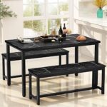 Recaceik 3 Piece Dining Table Set for 4, 47.2” Kitchen Table Set with 2 Benches, Space Saving Dinette with Chairs Metal Frame & MDF Board Dining Room Table for Kitchen, Breakfast Nook, Black Marble