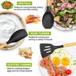 Umite Chef 36pcs Silicone Kitchen Cooking Utensils with Holder, Heat Resistant Cooking Utensils Sets Wooden Handle, Nonstick Kitchen Gadgets Tools Include Spatula Spoons Turner Pizza Cutter(Black)