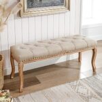 Cozyman Bedroom Bench, French Vintage Tufted Entryway Bench, 45.2” Carving Upholstered End of Bed Bench with Distressed Wood Legs, Linen Ottoman Bench Seat for Living Room, Dining Room, Linen Color