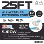 Iron Forge Cable Outdoor Extension Cord, 3 Outlet Extension Cord, 12/3 Extension Cord, 25ft Extension Cord, All Weather Cold & Hot Temperatures from -58°F to 221°F, SJEOW Blue Heavy Duty Lighted Cable