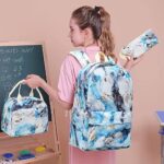 LEDAOU Backpack for Girls School Bag Kids Bookbag Teen Backpack Set Daypack with Lunch Bag and Pencil Case (Marble Blue White)