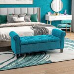 HOMCOM 50″ Storage Ottoman Bench, Upholstered End of Bed Bench with Rolled Arms, Wood Legs, Button Tufted Storage Bench with Safety Hinges for Living Room, Entryway, Bedroom, Teal