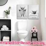 2 Pieces Set Framed Funny Highland Cow Wall Art Black and White Canvas Cow in Bathroom Wall Deco Poster Pictures,Humor Animals Artwork Prints Rustic Farmhouse Decorations for Bathroom