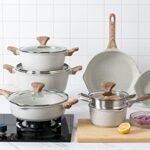 Country Kitchen Nonstick Induction Cookware Sets – 11 Piece Nonstick Cast Aluminum Pots and Pans with BAKELITE Handles – Induction Pots and Pans with Glass Lids -Cream