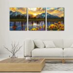 3 Pieces Mountain Canvas Wall Art for Living Room Nature Landscape Picture Sunflower Wall Decor for Bedroom Home Decoration Sunrise Grand Teton National Park Painting Framed Artwork – 12″ x 16″ x 3