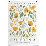 Thcbme Vintage California State Flower Poster Wall Art Flower Market Art Print California Poppy 1960’s Wall Decor Retro Room Aesthetic Art Decor Neutral Botanical Artwork 16x24inch Unframed