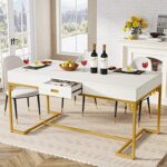 Tribesigns 63 Inches Dining Table for 4 to 6, Rectangular Kitchen Table with 2 Drawers, Modern Dinner Table with Gold Metal Frame for Dining Room, Kitchen, Family Gathering, White & Gold